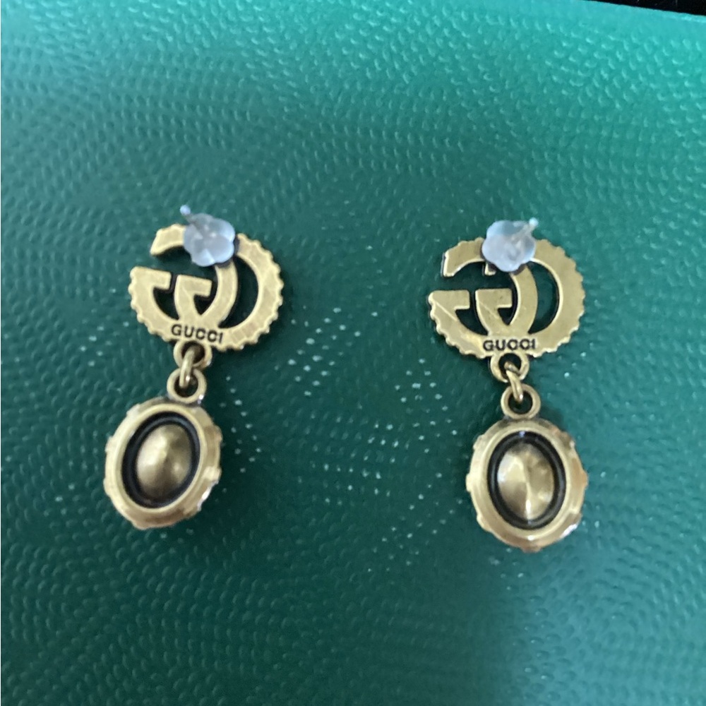 Crystal Double G Drop Earrings with Emerald Green Stones - Picture 3 of 3